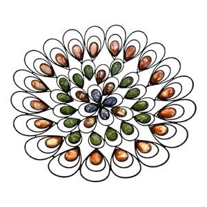 Metal Wire Filigree & Enamel Bowl Colorful Peacock Feather Shapes 14 In Diameter